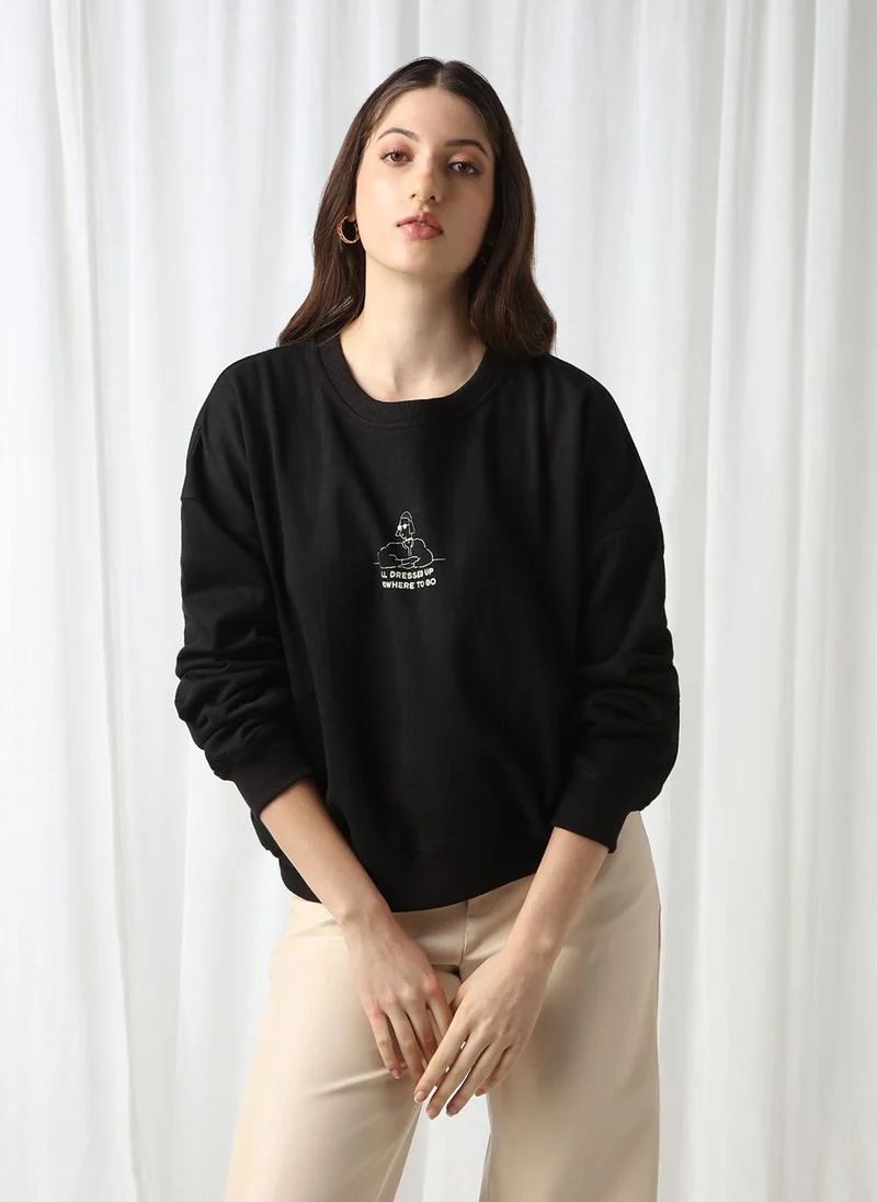 جلو باص Globus Women Black Drop Shoulder Sleeves Graphic Print Ribbed Hem Oversized Sweatshirt